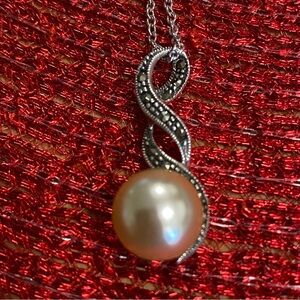Pearl and Marcasite Silver Pendant Necklace